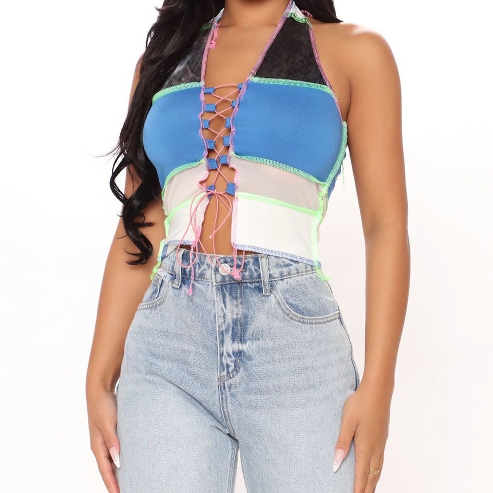 Color It In Colorblock Halter Top - Blue Green Pink Topstitching Distressed